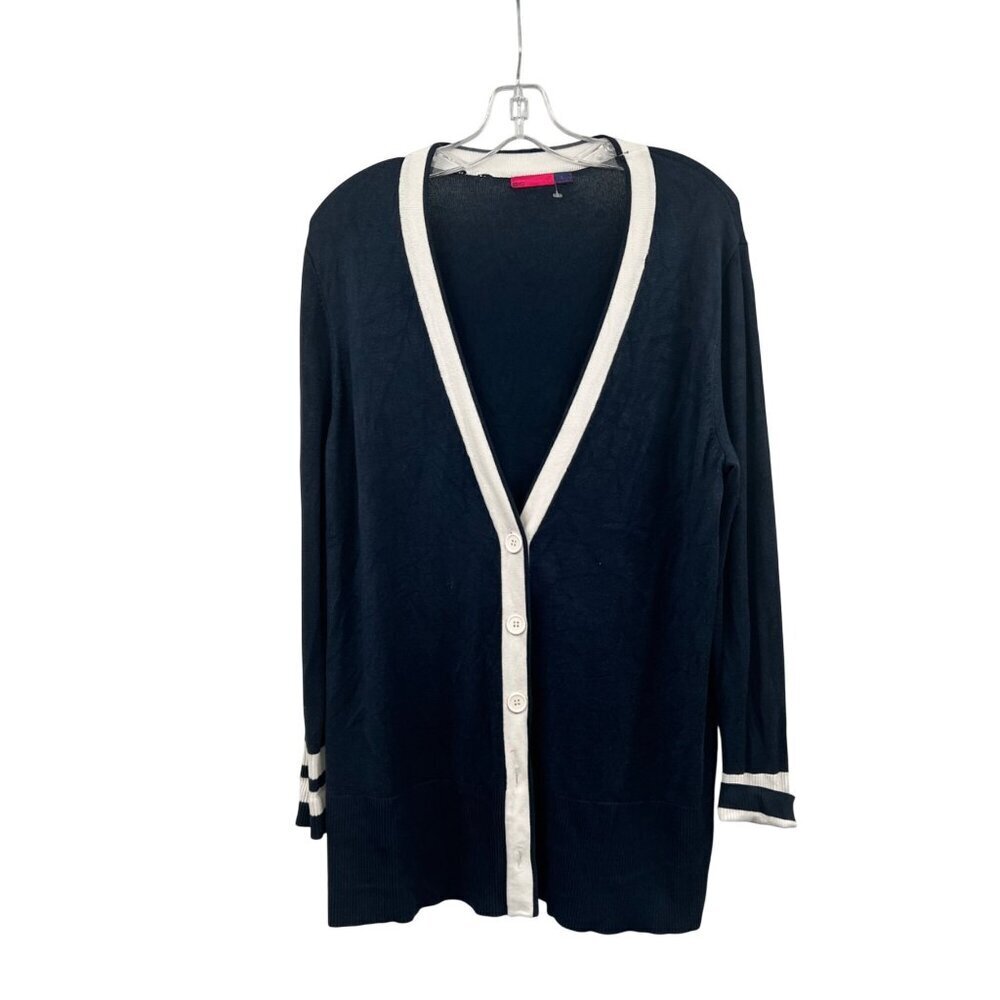 AVA Womens Cardigan Button Up V-Neck Long Sleeve Navy/White Size Large
